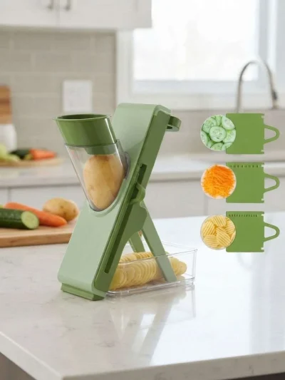 View of adjustable mandoline slicer blades and dial, showing how this aloo aur pyaaz katne wali machine creates perfect cuts.