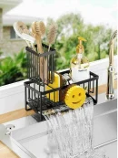 A stylish countertop sponge drying rack with a wooden base, acting as the perfect kitchen ka chota sponge stand for brushes.