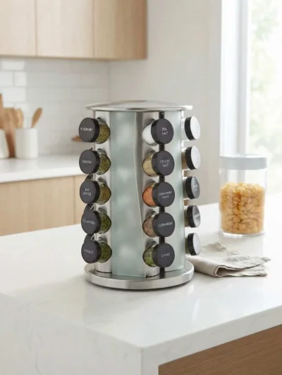 Display of a durable glass jar spice container set with black lids, perfect as premium masala storage boxes with lids.