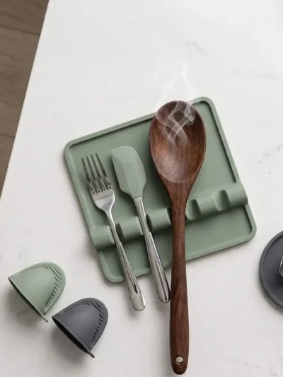 Original imported Zulay kitchen gadgets featuring a gray non-slip chamcha and spatula stand with a lifetime warranty card.