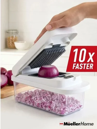 Complete Mueller Original vegetable chopper 10-in-1 set with manual food chopper with stainless steel blades for kitchen prep.