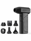 Black 130000 RPM cordless air duster brushless motor air blower with 5 nozzles and USB cable for keyboard and laptop cleaning.