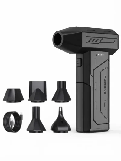 Black 130000 RPM cordless air duster brushless motor air blower with 5 nozzles and USB cable for keyboard and laptop cleaning.