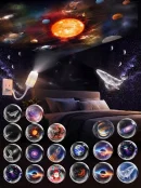 Bedroom transformed by an HD 2-in-1 galaxy star projection lamp for ceiling, showing vibrant planets and 13 film discs.