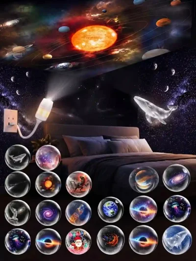 Bedroom transformed by an HD 2-in-1 galaxy star projection lamp for ceiling, showing vibrant planets and 13 film discs.