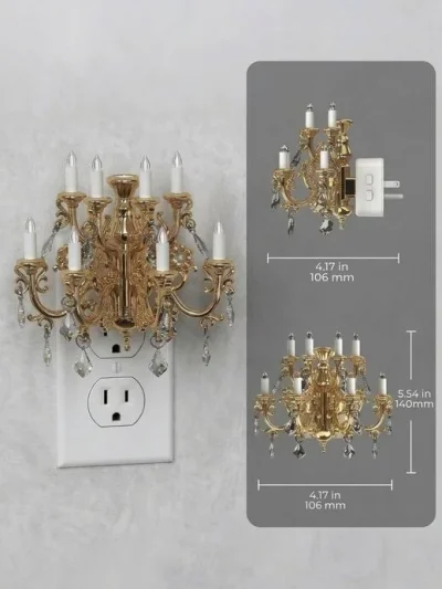 Gold chandelier candle flame light with 2 pin socket plug wall light fitting for home decor.