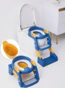 Blue and yellow 3 in 1 baby potty training seat system showing the standalone portable toddler potty basin and ladder setup.