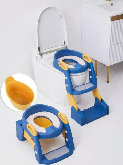 Blue and yellow 3 in 1 baby potty training seat system showing the standalone portable toddler potty basin and ladder setup.