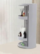 3 tier rotating bathroom organizer with space-saving corner storage for shampoo and toiletries.