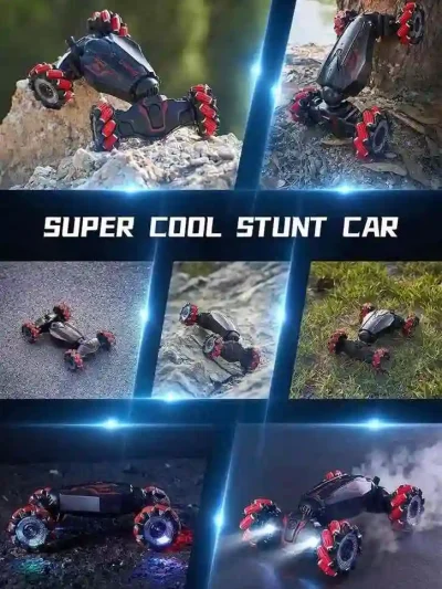 360-degree rotating stunt car performing flips on rocks, grass, and pavement with LED lights for outdoor play.