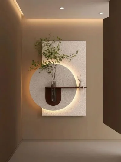 Modern wall decor for drawing room featuring warm LED lights and elegant sandstone panels.