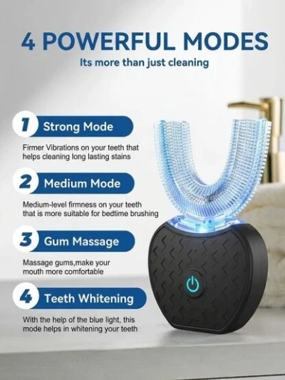 U Shape Automatic Toothbrush (360 Danto Ki Safai) showing 4 modes, including the Khudkar teeth whitening setting.