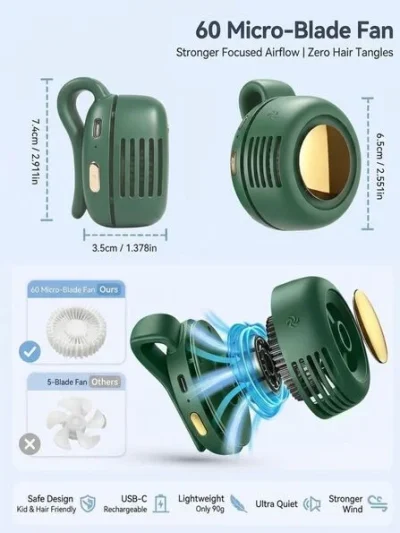 Internal structure of USB rechargeable portable fan featuring 60 micro-blade low noise fan below 25dB.