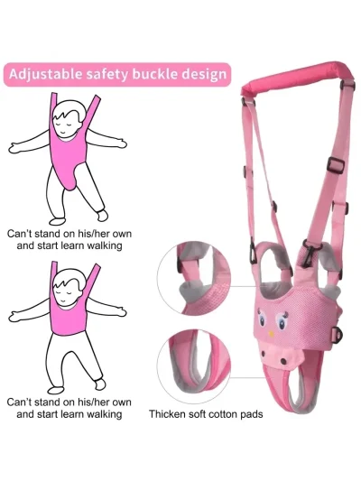 Diagram showing adjustable toddler safety harness design and thickened soft cotton pads for comfortable bachon ki chalne wali belt.