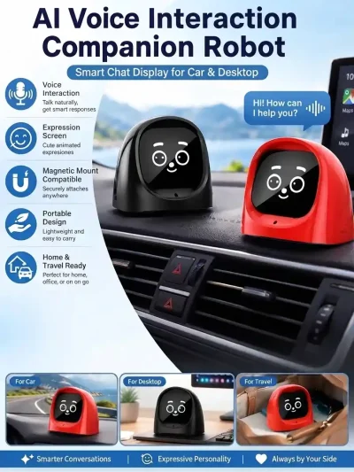 Red and black magnetic mount electronic robot gadget placed on a car dashboard and office desk for interactive use.
