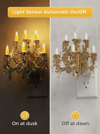 Smart automatic dusk to dawn sensor night lamp showing light on at night and off at day in room.