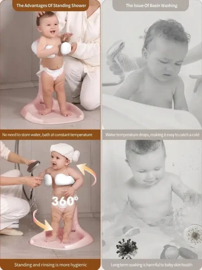 Infographic showing toddler shower standing rack advantages like hygiene and constant temperature compared to basin washing issues.