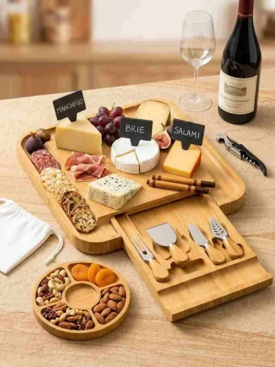 Styled bamboo charcuterie board with knives and meats, offering great desi charcuterie board setup ideas for hosting guests.
