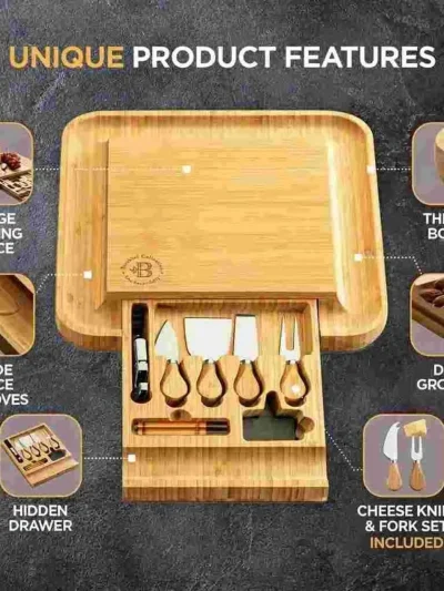 Elegant bamboo charcuterie board with knives and hidden drawer, perfect as an anniversary gift for wife wooden serving set.