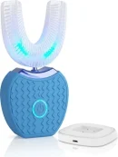 Blue U Shape Automatic Toothbrush (360 Danto Ki Safai) showing the USB Rechargeable battery base and glowing LED.