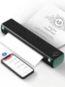 Phomemo M08F black portable thermal printer printing a wedding invitation via Bluetooth from a smartphone app, wireless printer for Android and iOS.