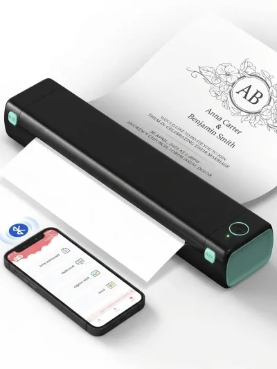 Phomemo M08F black portable thermal printer printing a wedding invitation via Bluetooth from a smartphone app, wireless printer for Android and iOS.
