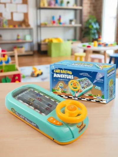 Teal and yellow interactive driving toy with box, perfect best birthday gift for boys and girls age 3 to 6.