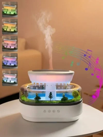 Cloud rain essential oil diffuser emitting mist with a 7 Color LED Night Light Lamp for home atmosphere.