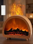Realistic ultrasonic cool mist maker creating a warm fake fire mist flame effect inside a wooden fireplace style air moistener.