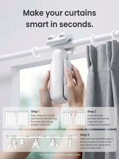 Hands installing an app-controlled smart curtain track system onto a standard rod, showing the simple setup process.