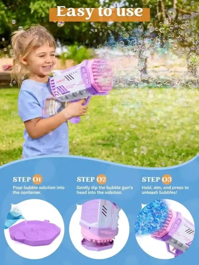 Child playing with an LED light up bubble gun outdoors, showing the easy steps for this toddler outdoor play toy.
