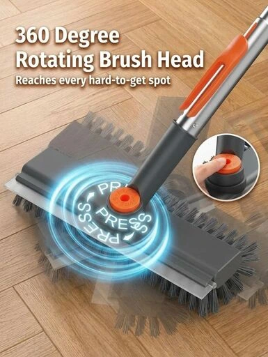 Rotating ergonomic grip floor scrubber for back pain relief and magic squeegee wiper for wet floor drying.