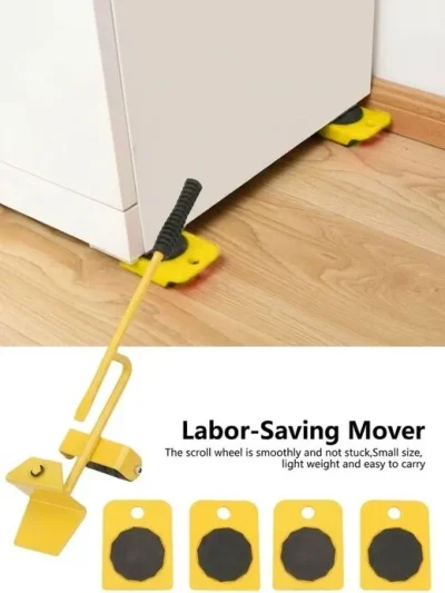 Heavy duty furniture lifter and mover tool set 200kg placed under cabinet with 4 heavy duty furniture roller sliders.