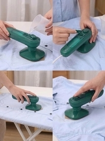 Step-by-step guide showing daily kapray press karna easy and fast solution with handheld clothes steamer iron for shirts, filling tank and ironing on board.