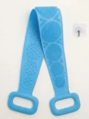 Blue hanging handle bath scrubber belt made with durable non toxic bath strap material for shower storage.
