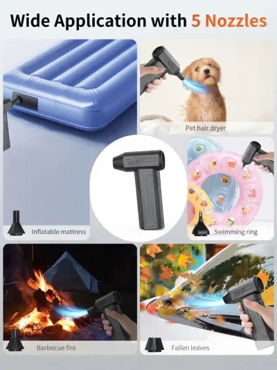 Heavy duty rechargeable air duster for outdoor use, inflating mattresses, and drying pets with high-pressure wind.