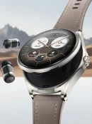 Close-up of the Brown color Huawei Watch Buds 2 in 1 wearable tech showing the pop-up wireless earbuds and premium leather strap.