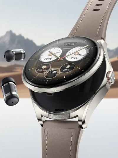 Close-up of the Brown color Huawei Watch Buds 2 in 1 wearable tech showing the pop-up wireless earbuds and premium leather strap.