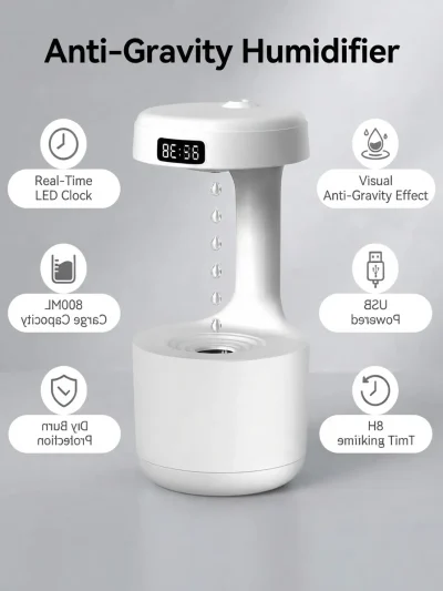 Features of the 800ml portable digital LED room humidifier including USB power, 8H timing, and dry burn protection.