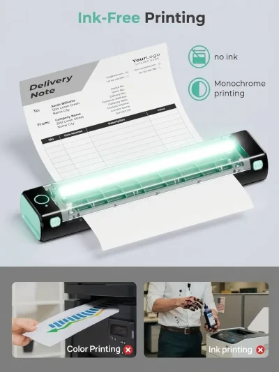 Ink-free letter size printing machine showing thermal print head technology with no ink cartridge needed, producing clean monochrome delivery notes.