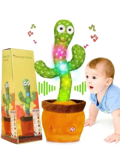 Glowing soft plush dancing cactus entertaining a crawling baby with music and light effects.