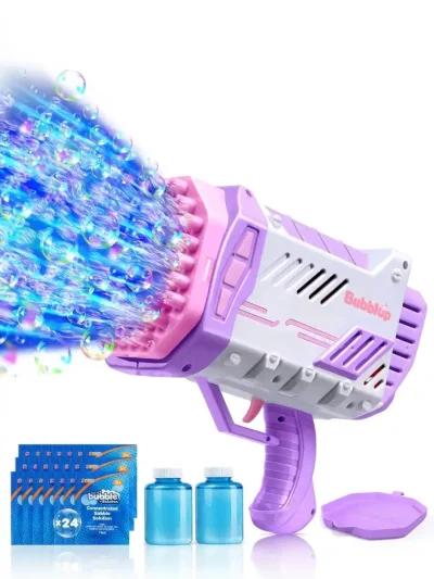 Purple rocket shape bubble blaster with safe non-toxic solution, an automatic electric bubble maker for kids.