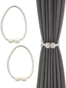 Magnetic curtain buckle clips paired with grey pleated drapes using easy snap curtain rope tiebacks.