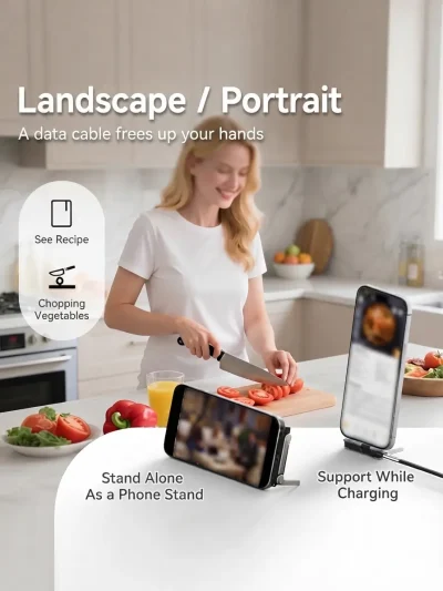 Kitchen scene using a multi-functional desk setup charging gadget to watch recipes on a phone in landscape mode.