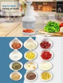 White handheld vegetable chopper with small bowls of chopped garlic, spices, and nuts.