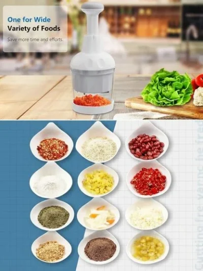 White handheld vegetable chopper with small bowls of chopped garlic, spices, and nuts.