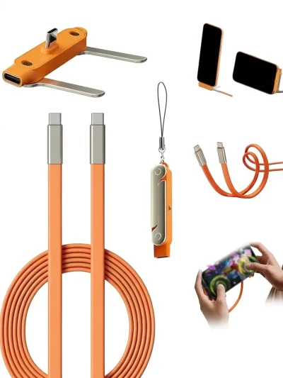 Orange 2-in-1 nylon braided USB C data wire with 360° foldable desktop phone bracket for hands-free mobile gaming.