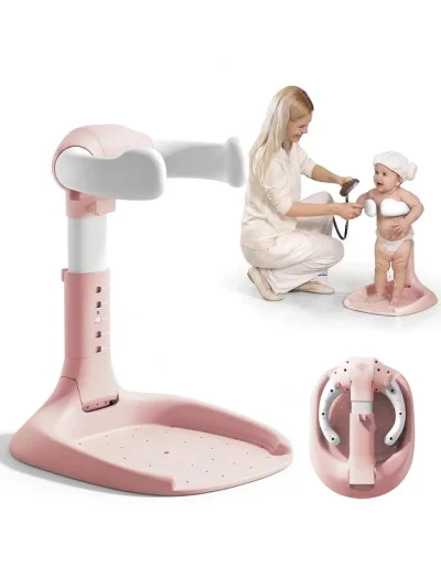Pink ergonomic baby bathing aid with armrests and baby shower head holder stand for safe newborn bathing station support.