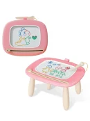 Pink toddler girl soft pink toy featuring a reusable drawing slate for kids with wooden legs and colorful magnetic sketches.