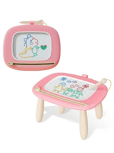 Pink toddler girl soft pink toy featuring a reusable drawing slate for kids with wooden legs and colorful magnetic sketches.